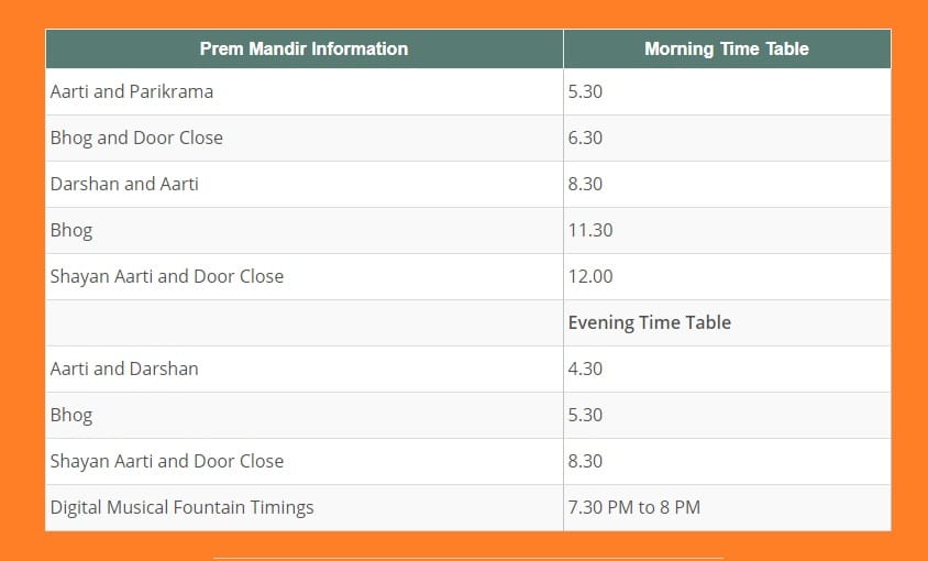 Timings and Night show timings of prem mandir vrindavan